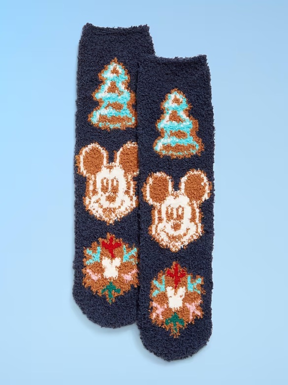 Old Navy Navy Fuzzy Socks with Brown, Cream, Turquoise and Red Holiday Motifs